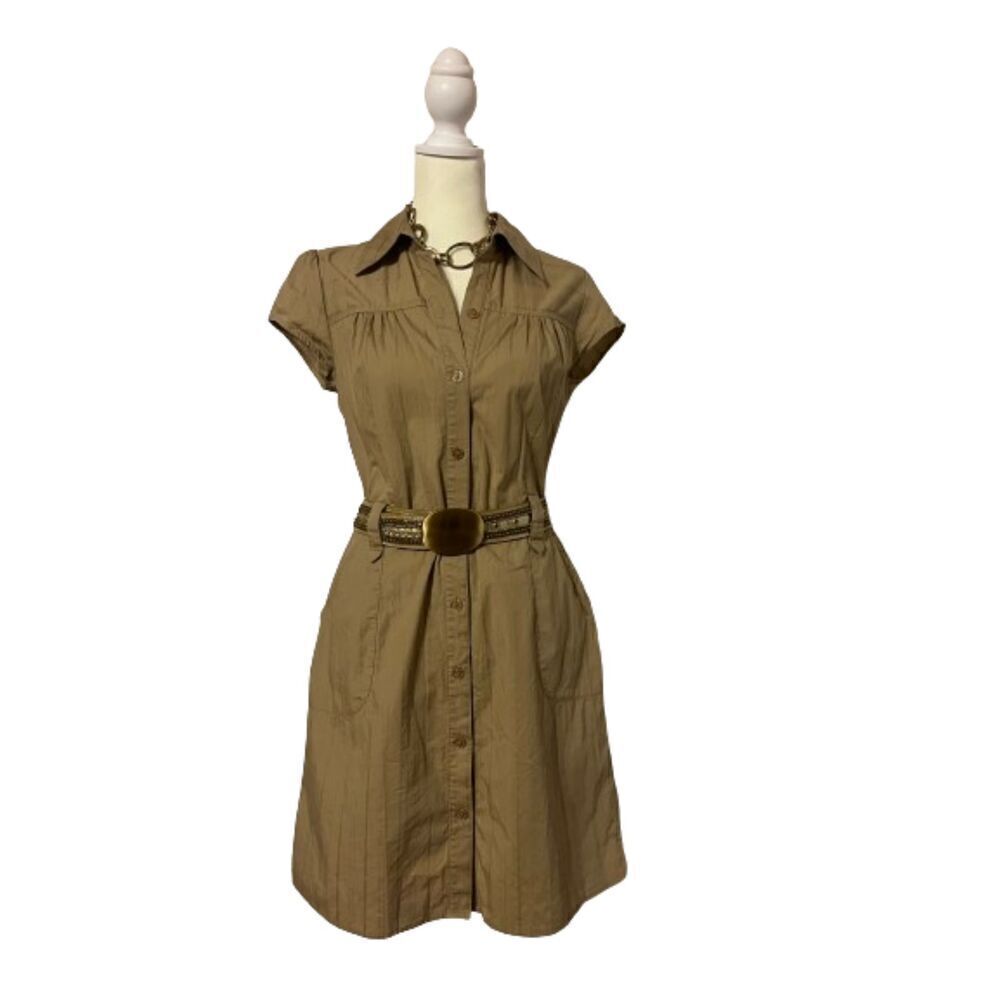 IZ Byer California Short Sleeve Button Down Khaki Dress Size M